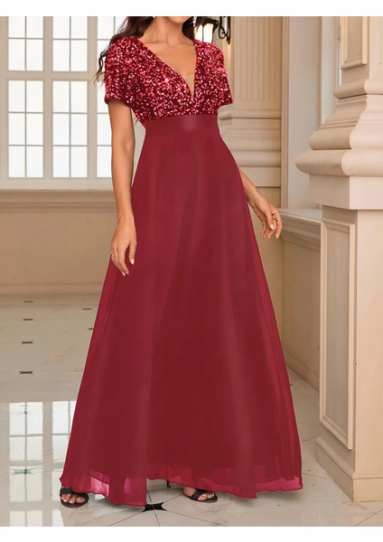 Kadın Kısa Kollu Derin V Yakalı A Kesim Pulpayet Detaylı Şifon Nedime Elbisesi indirimleri