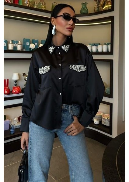 Yaka ve Cep Inci Taşlı Saten Gömlek 3423 fırsatları