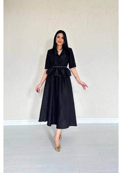 Siyah Ince Kemerli Fırfırlı Ceket ve Büzgülü Etek Takım