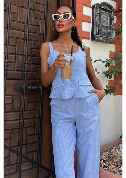 Kalın Askılı Bluz Pantolon Keten Takım 10187