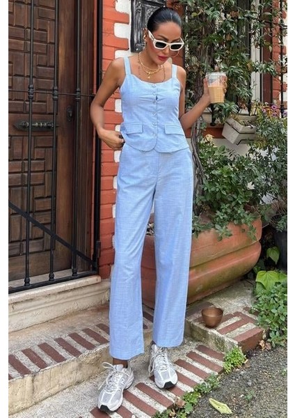 Kalın Askılı Bluz Pantolon Keten Takım 10187