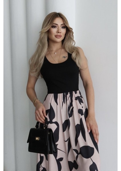 Kadın Askılı Yuvarlak Yaka Üst Viskon Alt Desenli Uzun Süprem Elbise