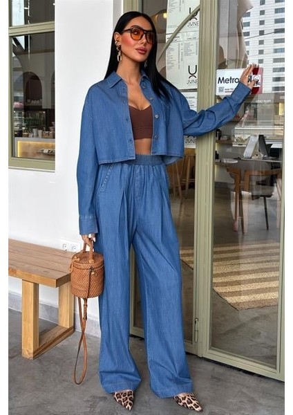 Denim Gömlek Plazzo Pantolon Takım 10163-08