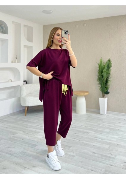 Kadın Kısa Kollu Bisiklet Yaka Viskon Iki Iplik Bluz ve Pantolon Ikili Takım