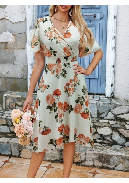 Kadın Kısa Kollu Kruvaze Yakalı Desenli Süprem Kısa Elbise