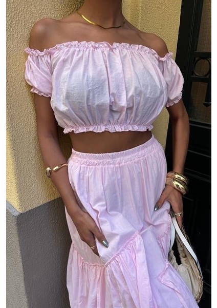 Büzgülü Crop Kat Detaylı Fırfır Etekli Takım 10196