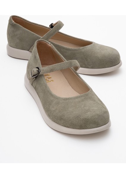 Anisa Yeşil Süet Bantlı Hakiki Deri Kadın Babet Ayakkabı