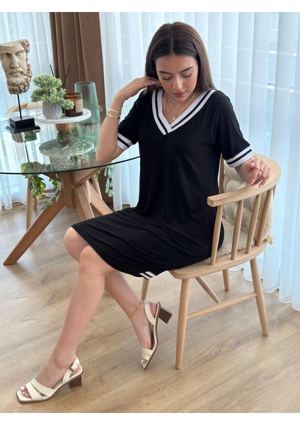 Kadın Kısa Kollu V Yaka Ribana Detaylı Cepli Dizüstü Viskon Elbise
