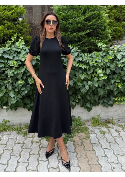 Kadın Kısa Balon Kollu Bisiklet Yaka Geniş Kesim Janjan Krep Elbise modelleri