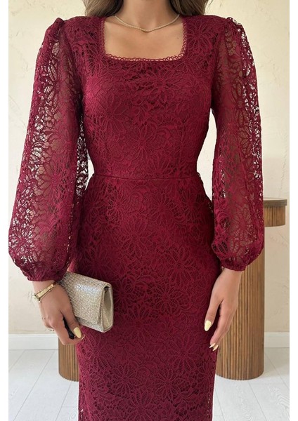 Bordo Güpür Detaylı Dantel Elbise fırsatları