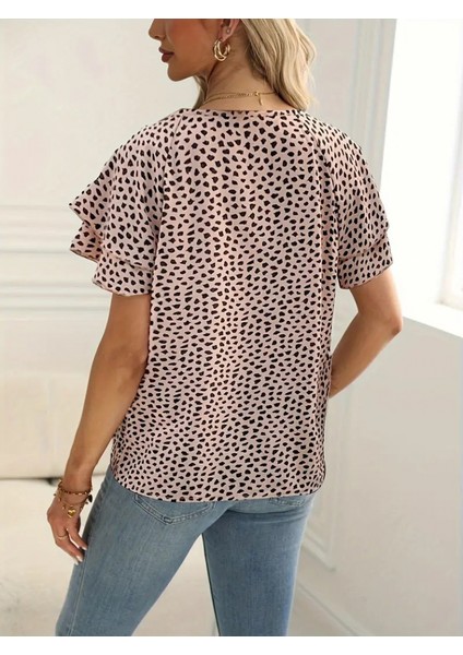Kadın Kısa Kollu Kolları Volanlı Baskılı Süprem Bluz fiyatları
