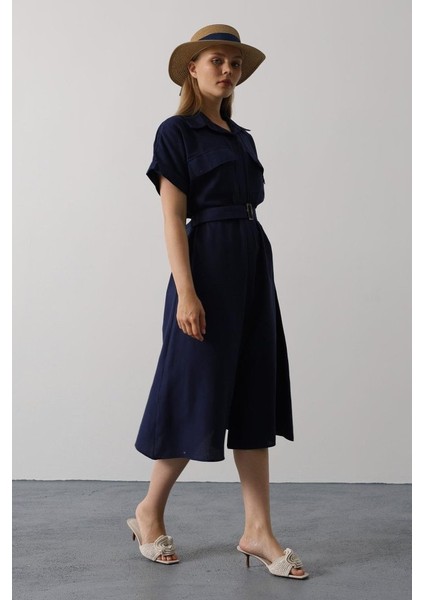 Kuşaklı Cep Detaylı Yarım Kol Elbise - Lacivert fırsatları
