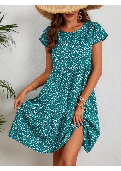 Kadın Kısa Kollu Bisiklet Yaka Çiçek Desenli Süprem Elbise