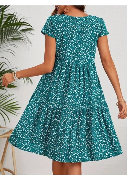 Kadın Kısa Kollu Bisiklet Yaka Çiçek Desenli Süprem Elbise indirimleri