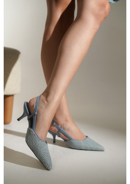 Ange Hasır Sivri Burunlu Orta Topuklu Arkası Bantlı Kadın Ayakkabı