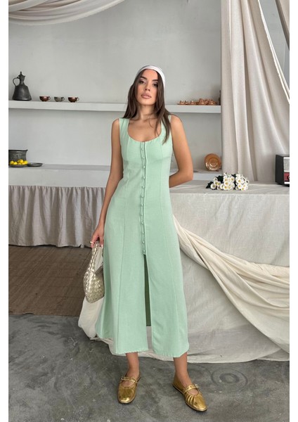 Keten Kolsuz Kare Yaka Düğme Detaylı Elbise - Mint