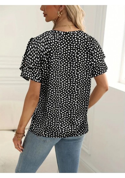 Kadın Kısa Kollu Kolları Volanlı Baskılı Süprem Bluz fiyatları