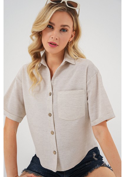 Kadın Keten Görünümlü Crop Gömlek 20339 - Krem