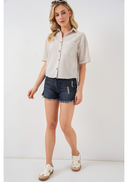 Kadın Keten Görünümlü Crop Gömlek 20339 - Krem fiyatları