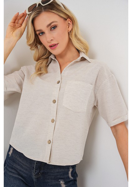 Kadın Keten Görünümlü Crop Gömlek 20339 - Krem modelleri