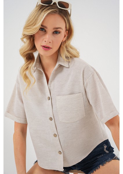 Kadın Keten Görünümlü Crop Gömlek 20339 - Krem fırsatları