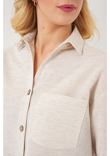 Kadın Keten Görünümlü Crop Gömlek 20339 - Krem indirimleri