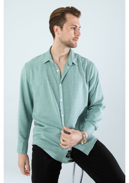 Mevsimlik Keten Dokulu Uzun Kollu Oversize Erkek Geniş Kalıp Gömlek(Ürün Geniş Kesimdir)