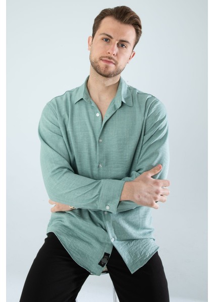 Mevsimlik Keten Dokulu Uzun Kollu Oversize Erkek Geniş Kalıp Gömlek(Ürün Geniş Kesimdir)