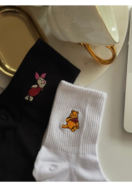 Piglet Ayı Winnie Nakışlı Siyah Beyaz Pamuklu Yazlık Kışlık Soket Desenli Çorap Seti