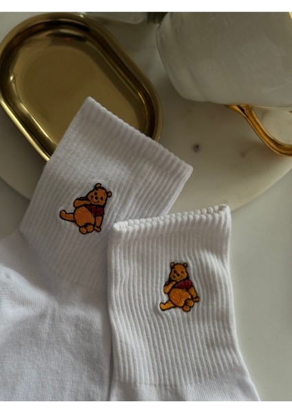 Piglet Ayı Winnie Nakışlı Siyah Beyaz Pamuklu Yazlık Kışlık Soket Desenli Çorap Seti
