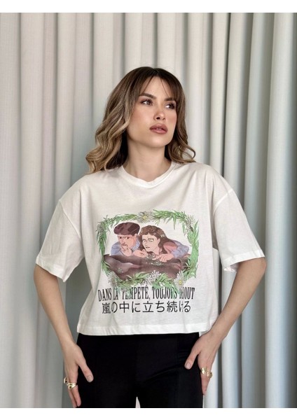 Oversize Beyaz Baskılı Crop Tişört L - Beyaz