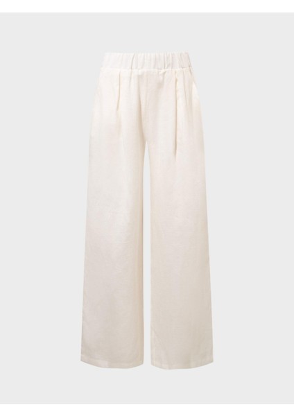 Beli Lastikli Keten Pantolon - Beyaz
