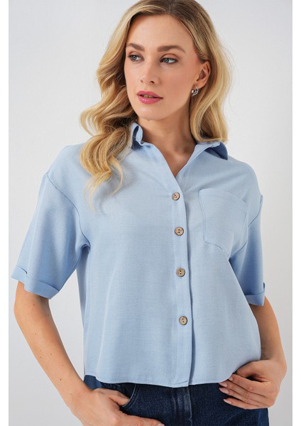 Kadın Keten Görünümlü Crop Gömlek 20339 - Mavi