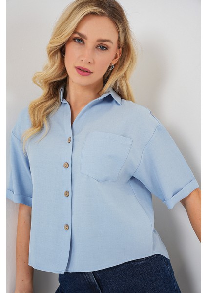 Kadın Keten Görünümlü Crop Gömlek 20339 - Mavi modelleri