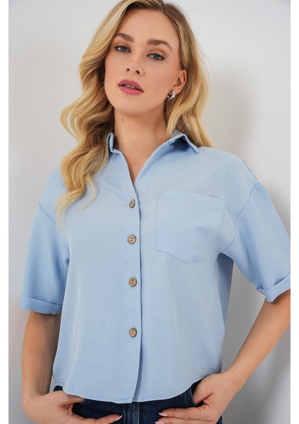 Kadın Keten Görünümlü Crop Gömlek 20339 - Mavi fırsatları