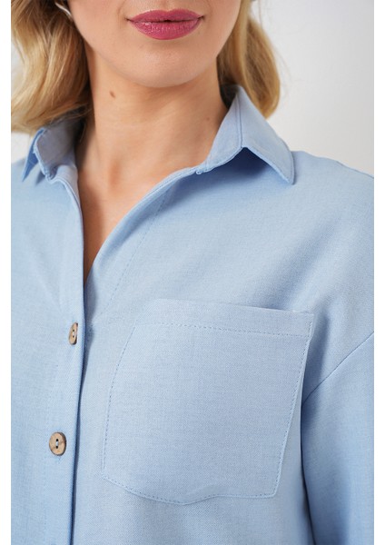 Kadın Keten Görünümlü Crop Gömlek 20339 - Mavi indirimleri