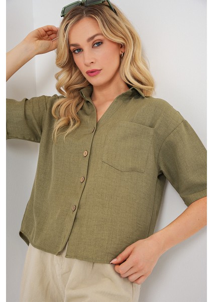 Kadın Keten Görünümlü Crop Gömlek 20339 - Çağla