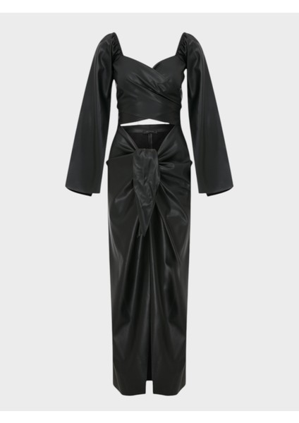 2 Parçalı Önü Bağlamalı Dekolteli Uzun Vegan Deri Elbise - Siyah fırsatları
