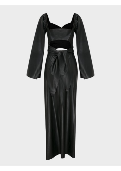 2 Parçalı Önü Bağlamalı Dekolteli Uzun Vegan Deri Elbise - Siyah indirimleri