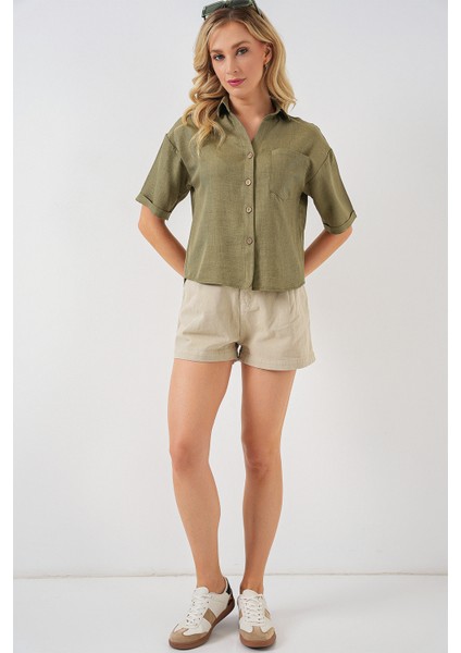 Kadın Keten Görünümlü Crop Gömlek 20339 - Çağla fiyatları