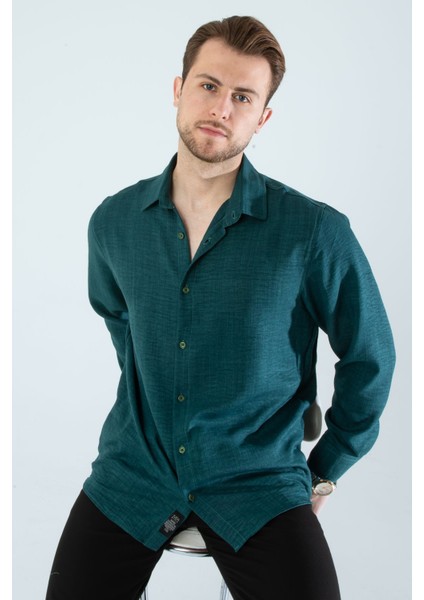 Mevsimlik Keten Dokulu Uzun Kollu Oversize Erkek Geniş Kalıp Gömlek(Ürün Geniş Kesimdir)