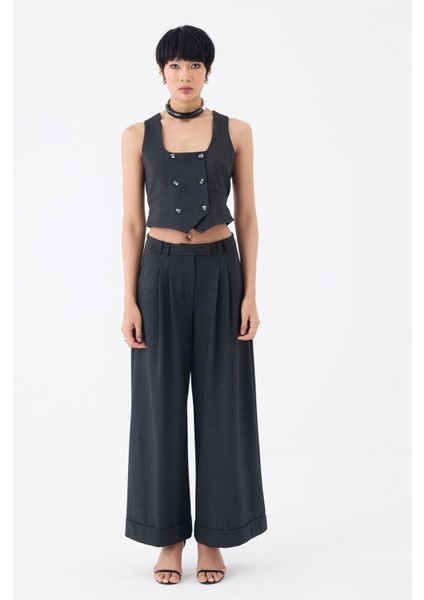 Katlı Paça Pileli Bol Kumaş Pantolon - Antrasit Çizgili