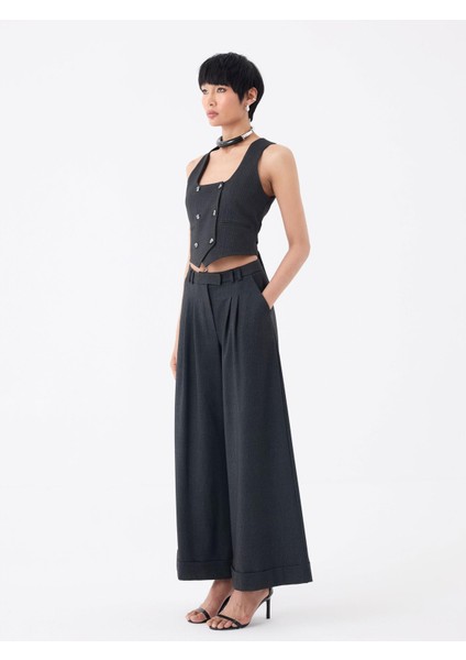 Katlı Paça Pileli Bol Kumaş Pantolon - Antrasit Çizgili fiyatları