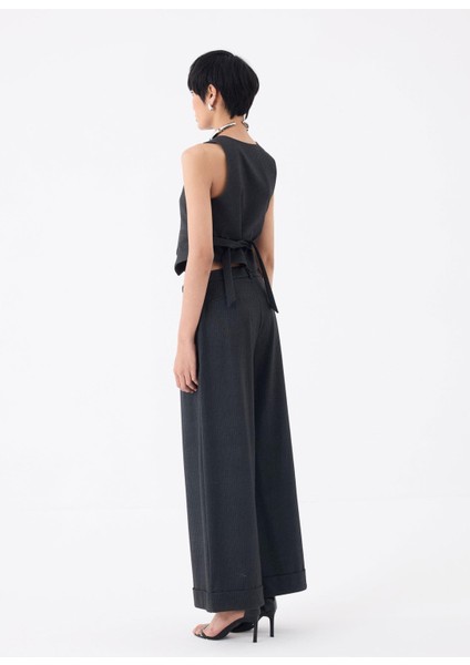 Katlı Paça Pileli Bol Kumaş Pantolon - Antrasit Çizgili fırsatları