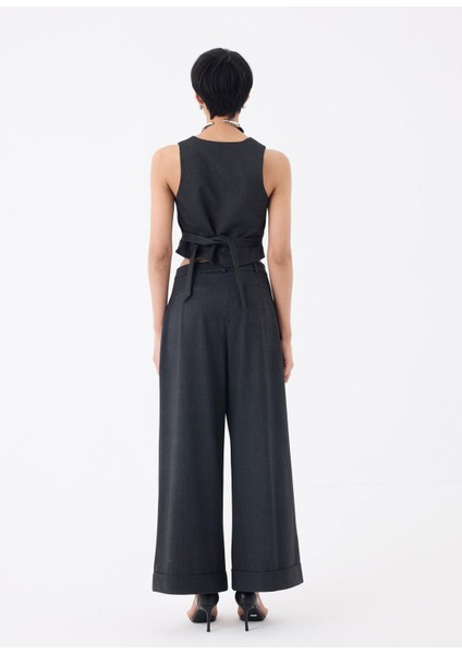 Katlı Paça Pileli Bol Kumaş Pantolon - Antrasit Çizgili indirimleri