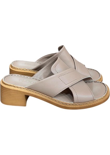 Vizon Hakiki Deri Puf Taban Çapraz Bantlı Terlik