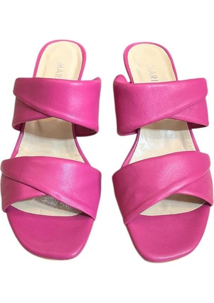 Fuşya Hakiki Deri Köşe Burun Çift Bant Topuklu Terlik fiyatları