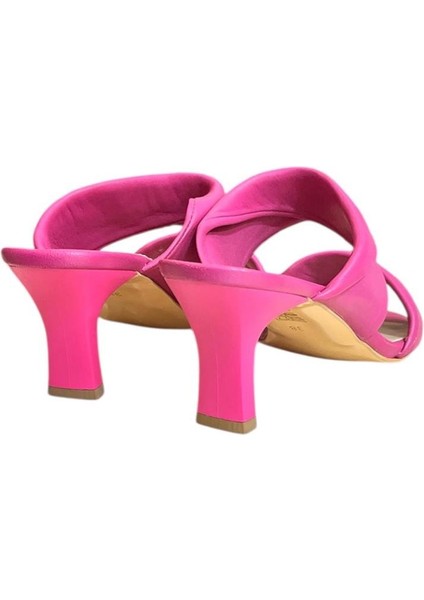 Fuşya Hakiki Deri Köşe Burun Çift Bant Topuklu Terlik modelleri