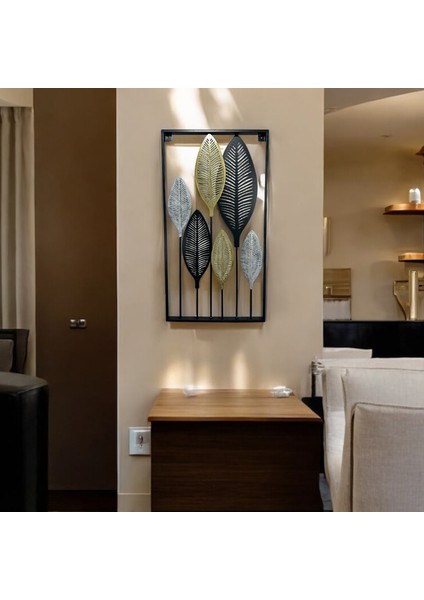 Dekoratif Metal Yaprak Temalı Tablo Gold Gümüş Siyah Renk