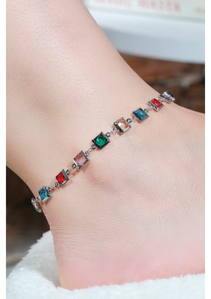 Kadın Renkli Kare Taşlı Halhal Gümüş Renk